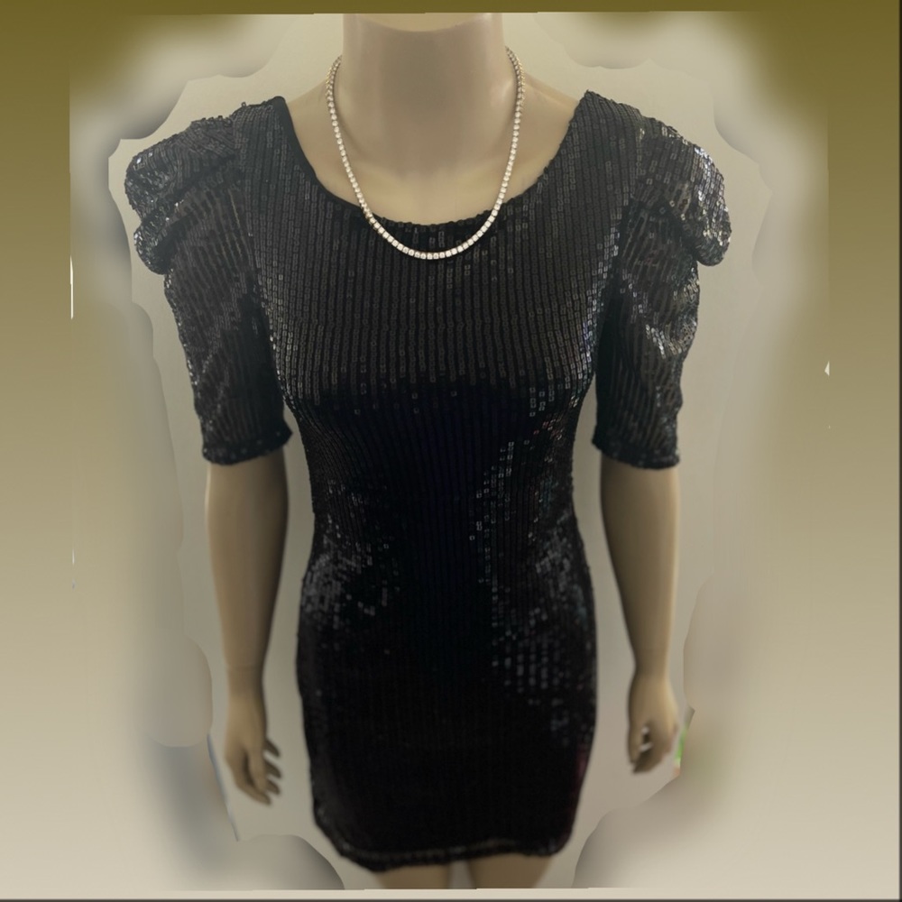 Puff Sleeve Sequin Black Mini Dress